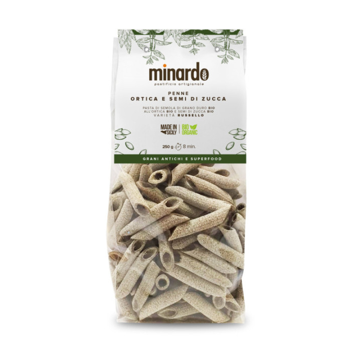 Penne con Ortica e Semi di Zucca di Grano Duro Russello BIO - pasta di antichi grani siciliani